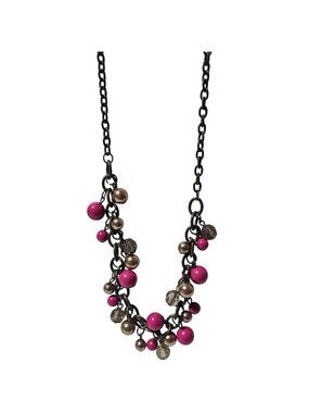 Vintage Pink Beaded Cluster Necklace Gunmetal Tone Chain Bronze Beads Statement